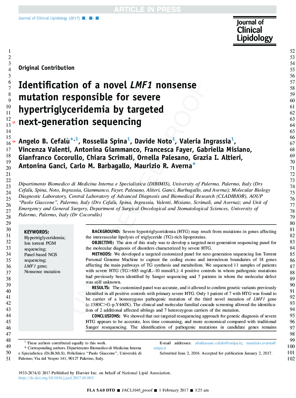 Identification of a novel LMF1 nonsense mutation responsible for severe hypertriglyceridemia by targeted next-generation sequencing