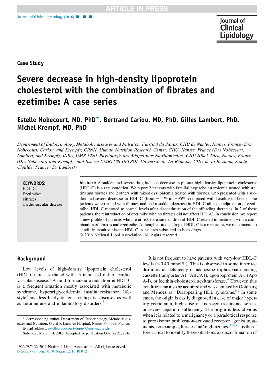 Severe decrease in high-density lipoprotein cholesterol with the combination of fibrates and ezetimibe: A case series