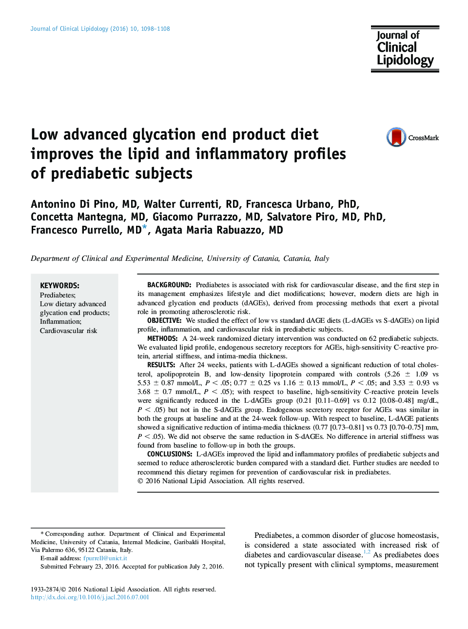 Low advanced glycation end product diet improves the lipid and inflammatory profiles of prediabetic subjects
