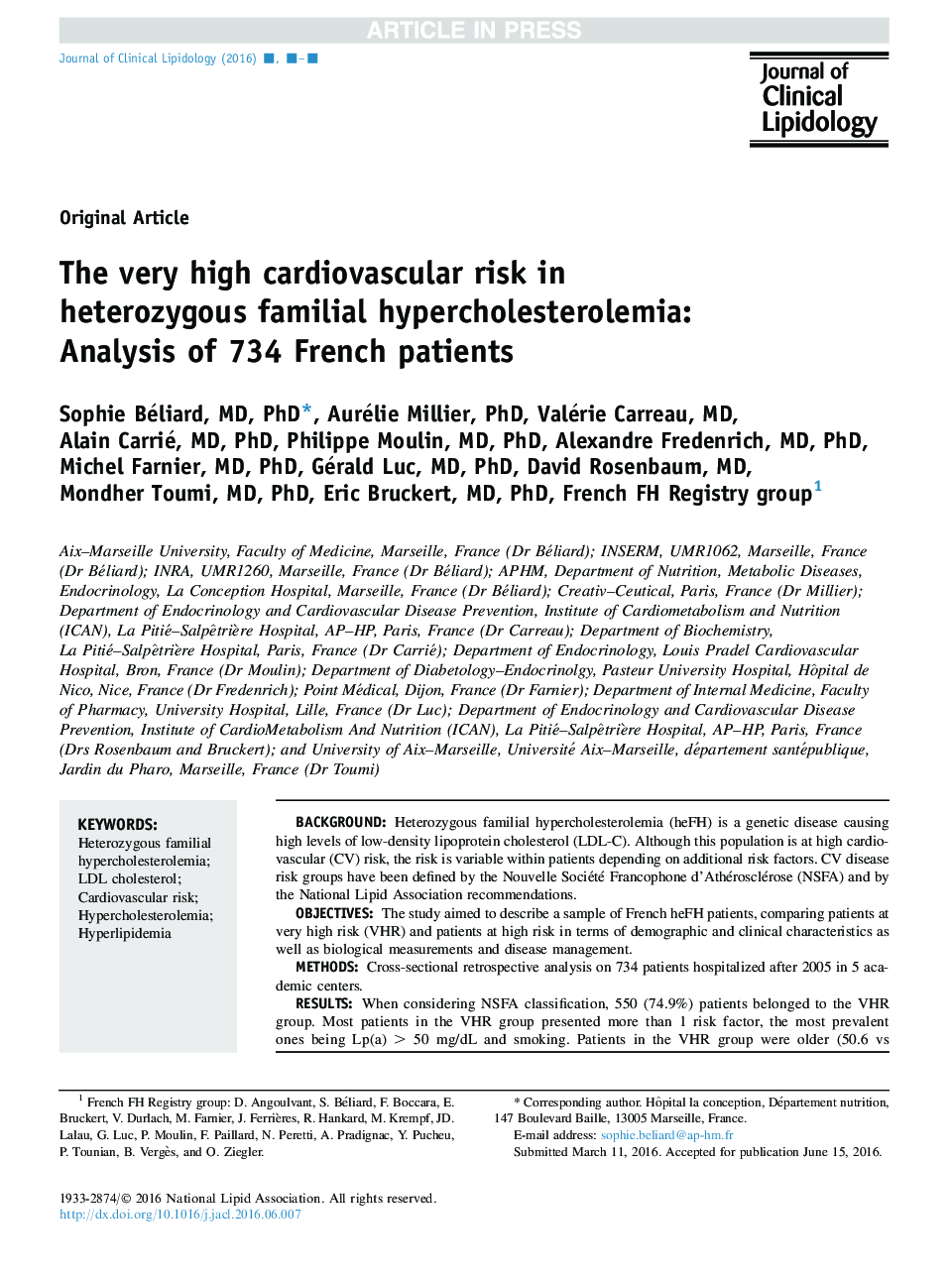 The very high cardiovascular risk in heterozygous familial hypercholesterolemia: Analysis of 734 French patients