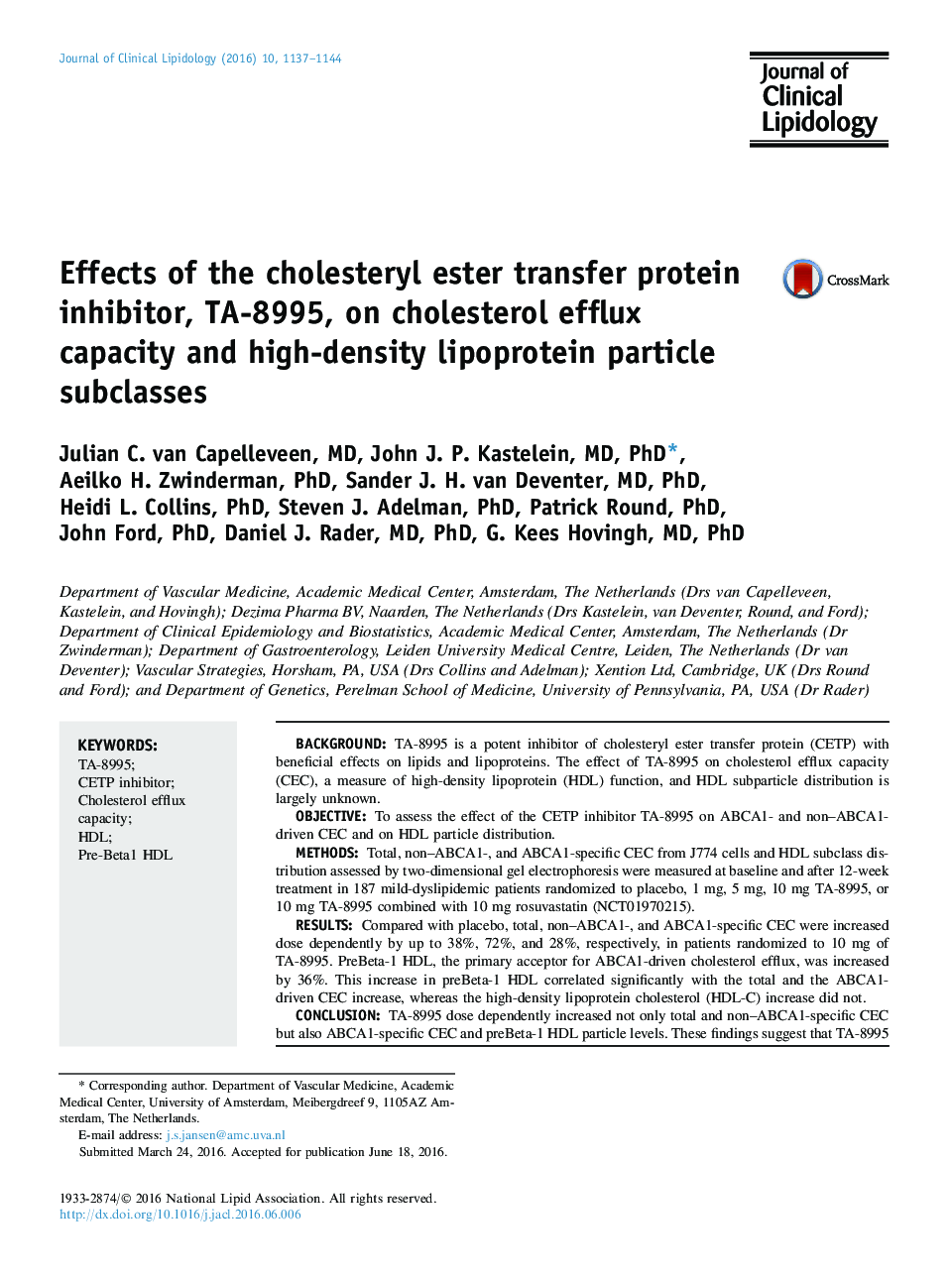 Effects of the cholesteryl ester transfer protein inhibitor, TA-8995, on cholesterol efflux capacity and high-density lipoprotein particle subclasses