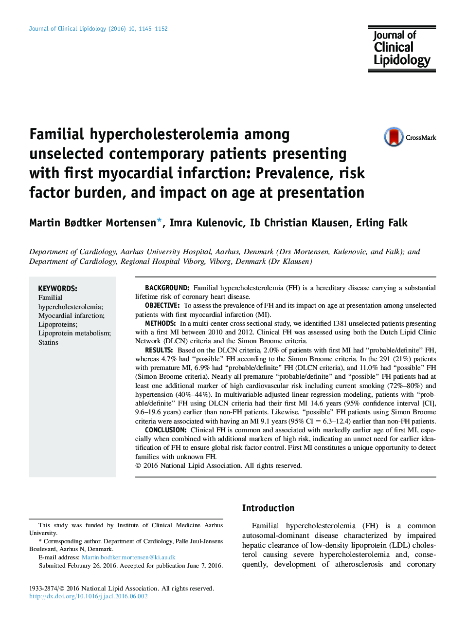 Familial hypercholesterolemia among unselected contemporary patients presenting with first myocardial infarction: Prevalence, risk factor burden, and impact on age at presentation