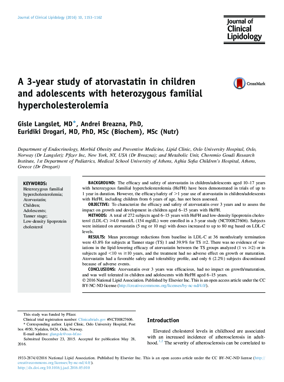 A 3-year study of atorvastatin in children and adolescents with heterozygous familial hypercholesterolemia
