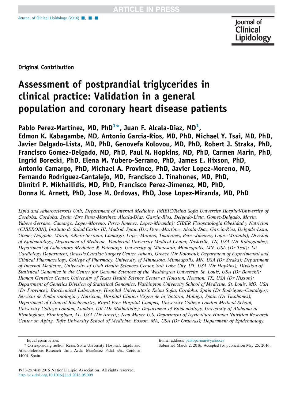 Assessment of postprandial triglycerides in clinical practice: Validation in a general population and coronary heart disease patients