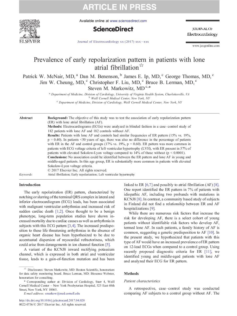 Prevalence of early repolarization pattern in patients with lone atrial fibrillation