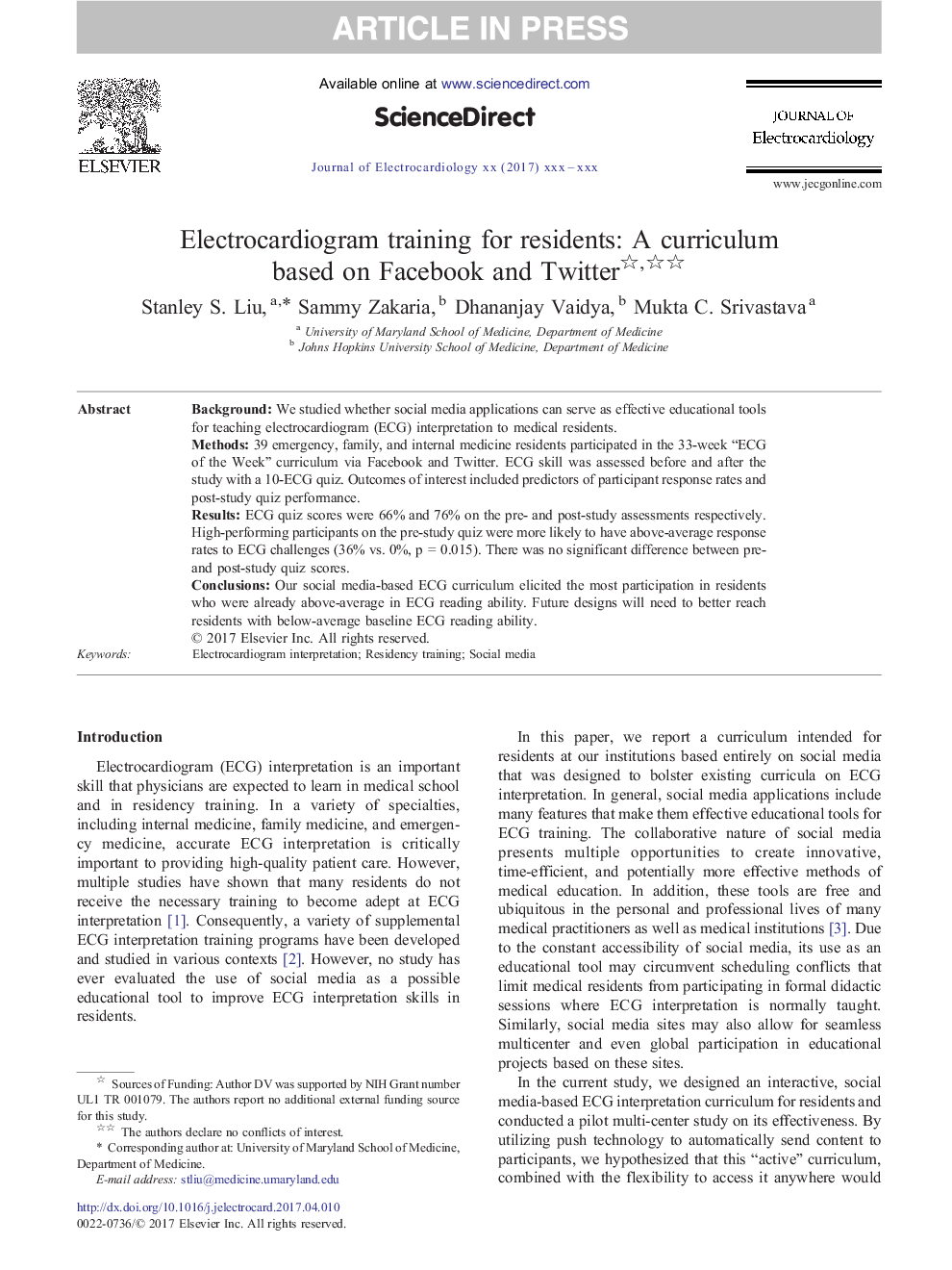 Electrocardiogram training for residents: A curriculum based on Facebook and Twitter