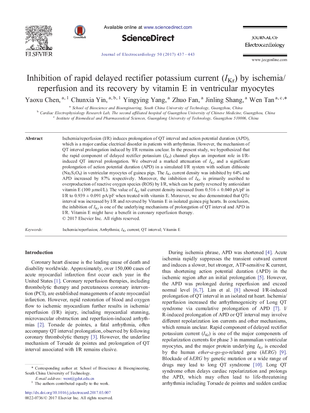 Inhibition of rapid delayed rectifier potassium current (IKr) by ischemia/reperfusion and its recovery by vitamin E in ventricular myocytes