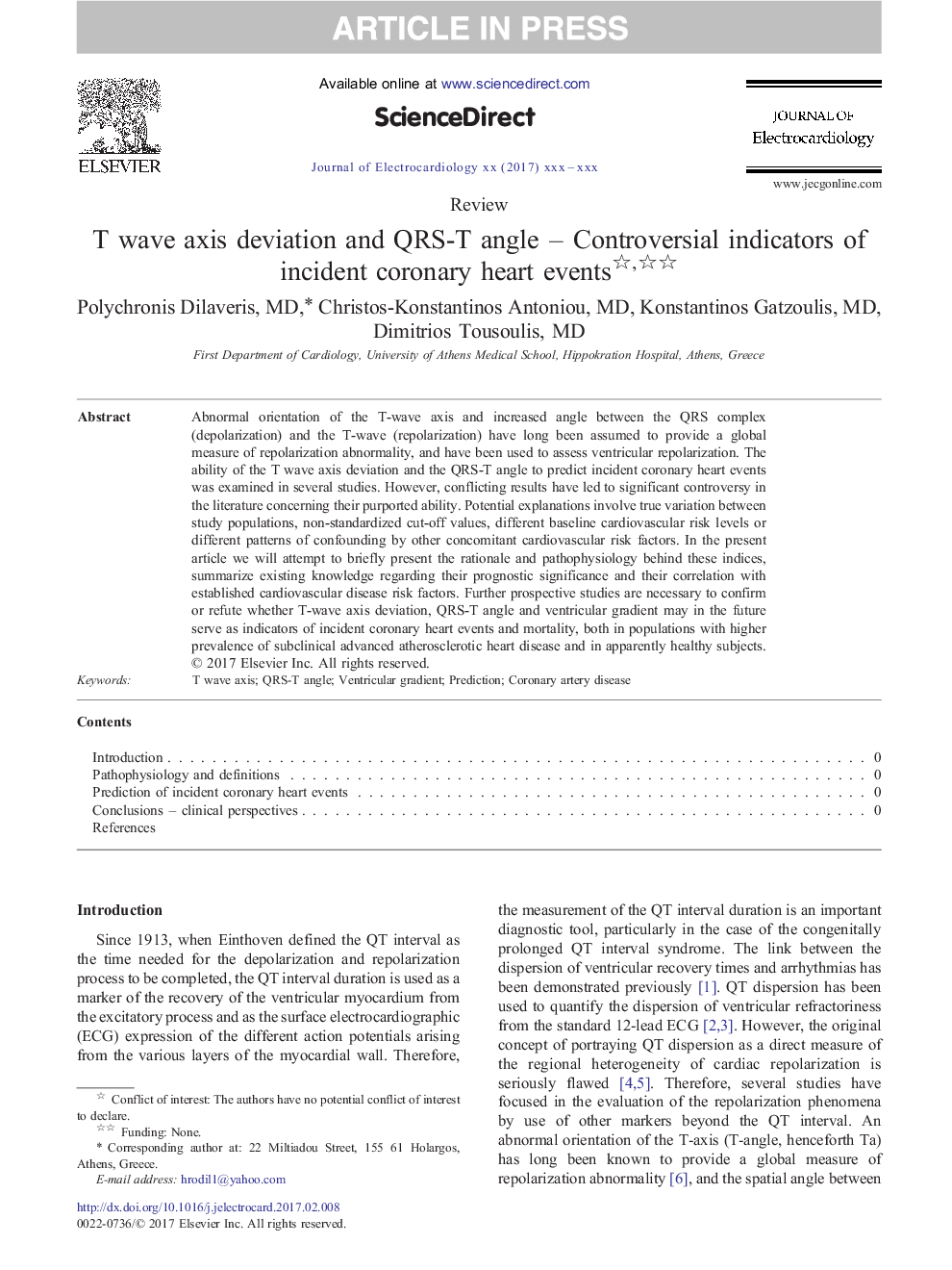 T wave axis deviation and QRS-T angle - Controversial indicators of incident coronary heart events