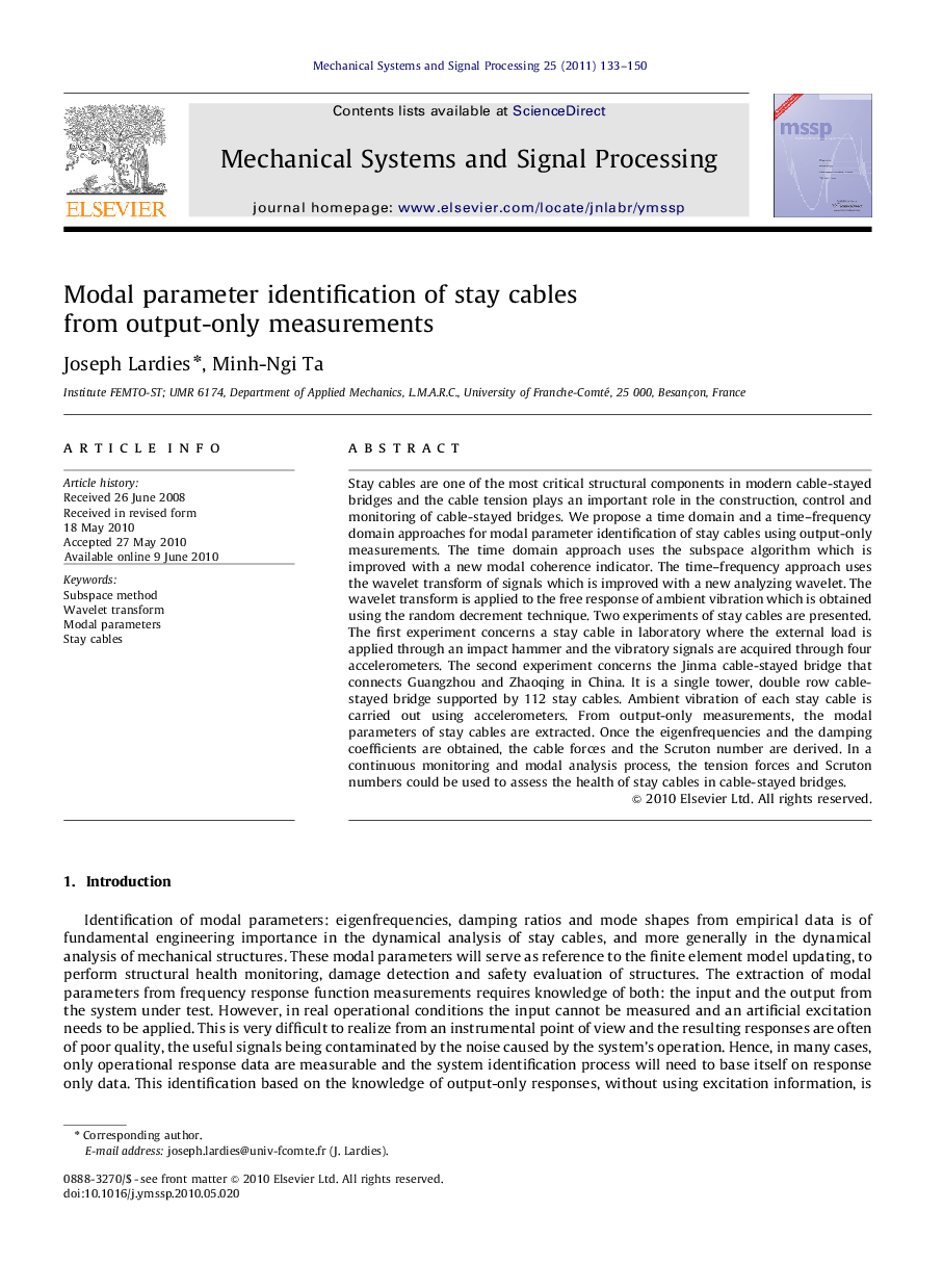 Modal parameter identification of stay cables from output-only measurements