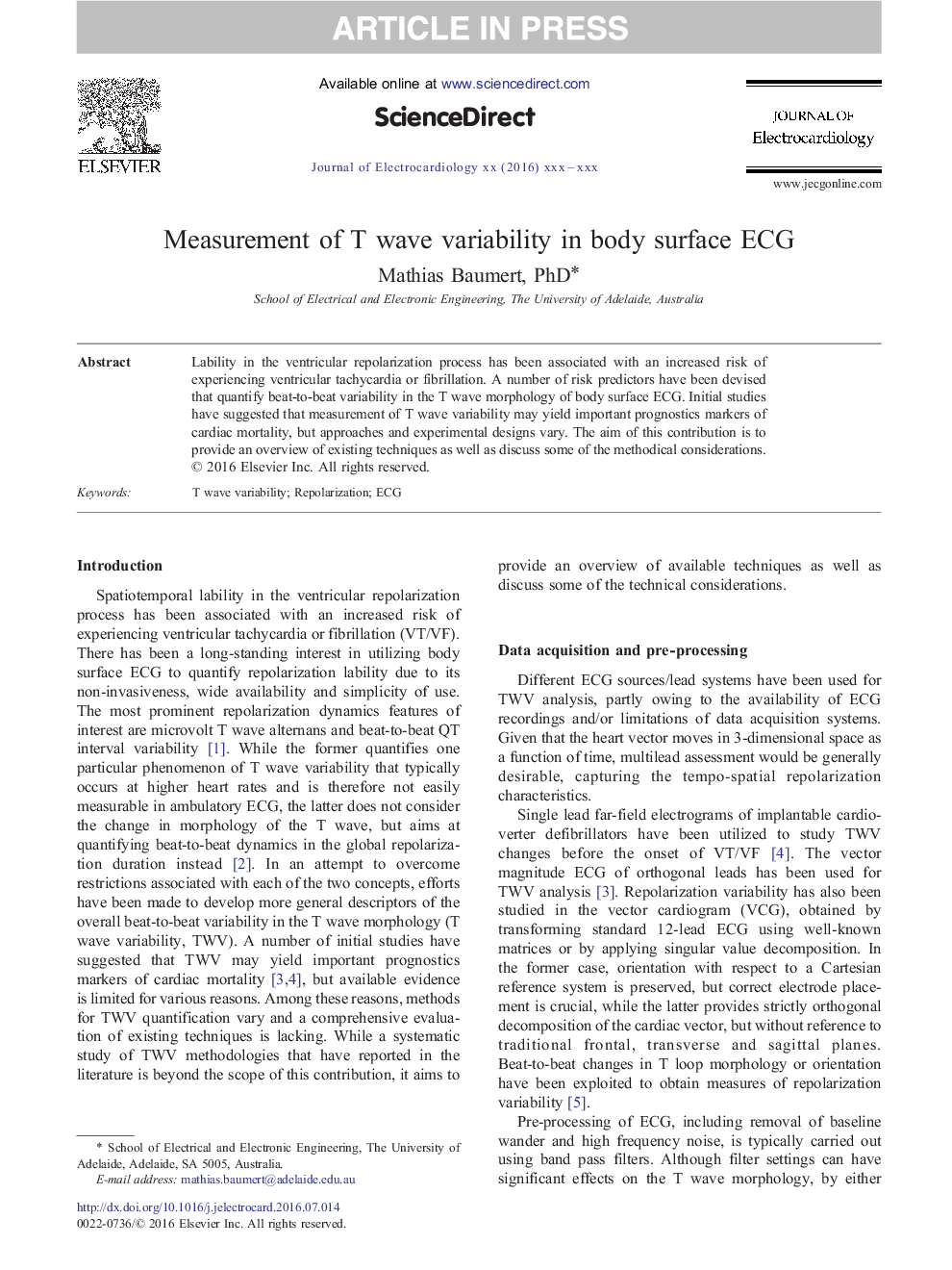 Measurement of T wave variability in body surface ECG