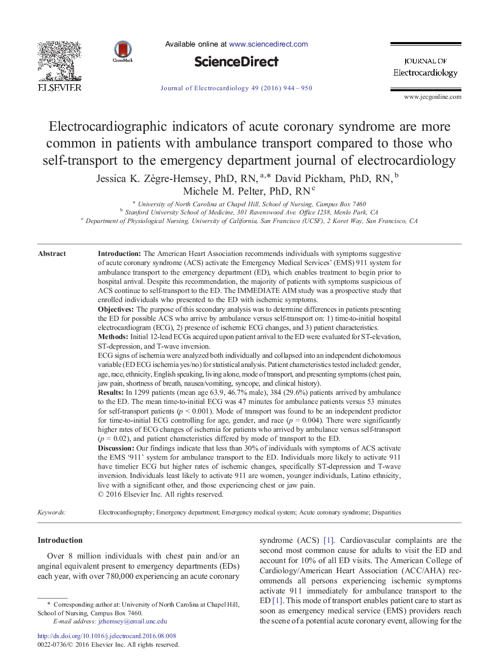 Electrocardiographic indicators of acute coronary syndrome are more common in patients with ambulance transport compared to those who self-transport to the emergency department journal of electrocardiology