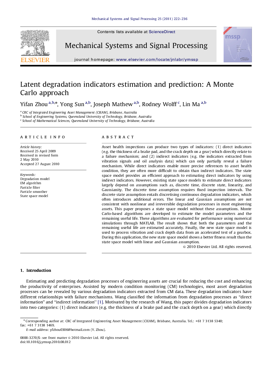 Latent degradation indicators estimation and prediction: A Monte Carlo approach