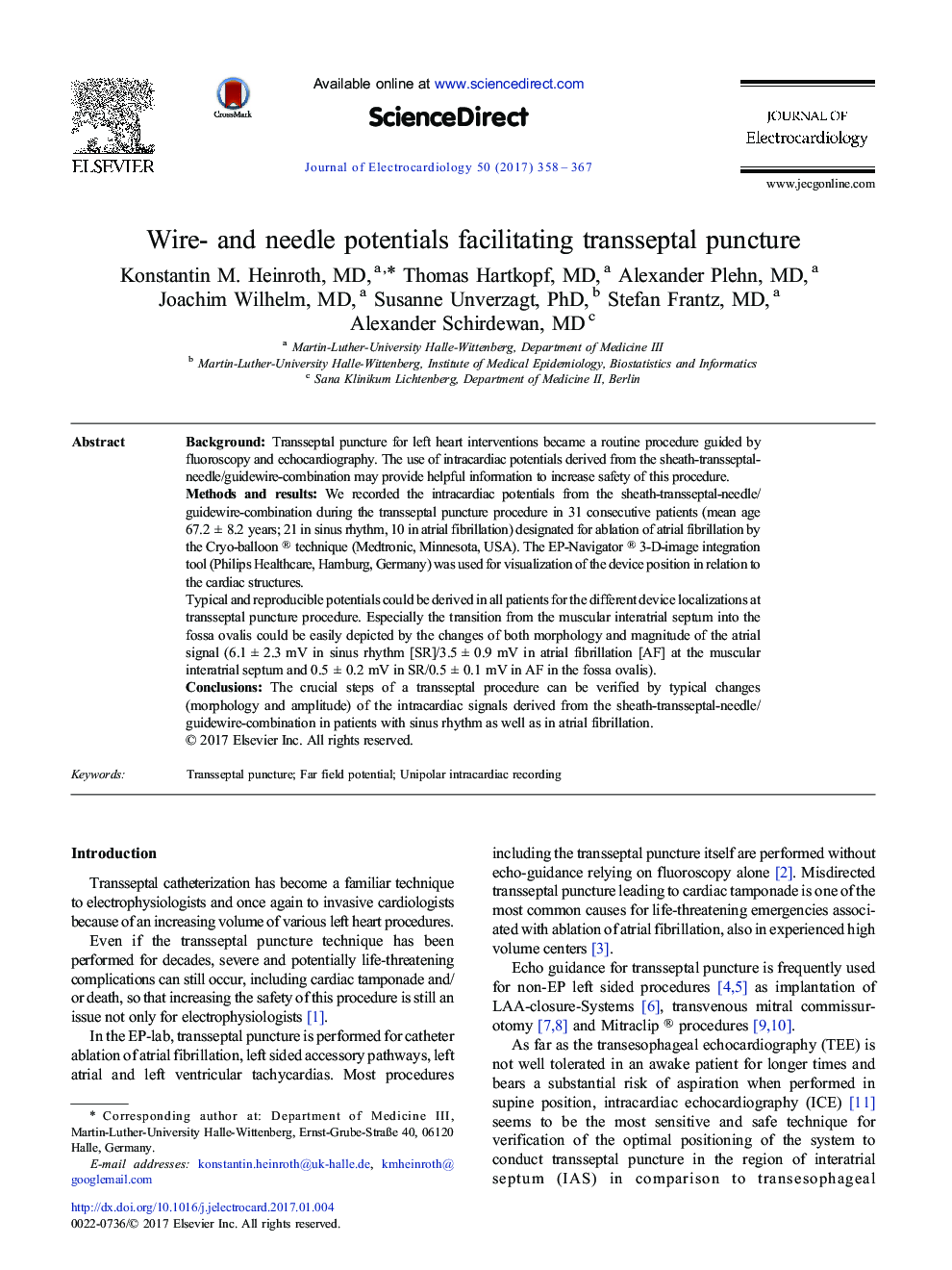 Wire- and needle potentials facilitating transseptal puncture