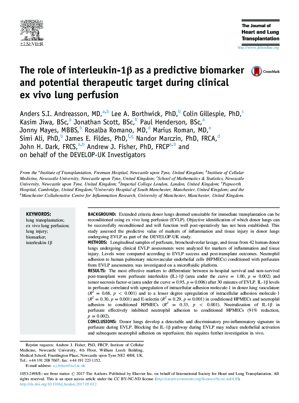 The role of interleukin-1Î² as a predictive biomarker and potential therapeutic target during clinical ex vivo lung perfusion