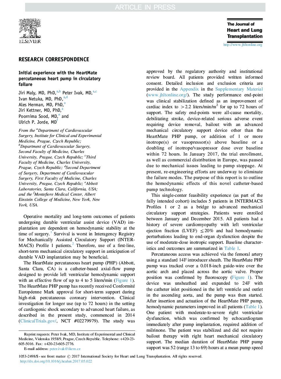 Initial experience with the HeartMate percutaneous heart pump in circulatory failure