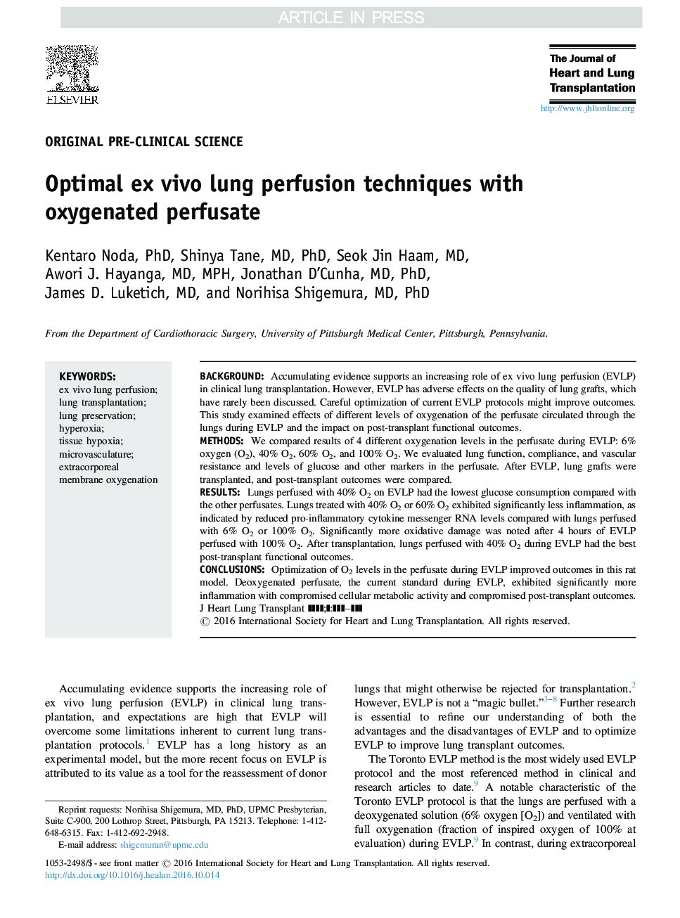 Optimal ex vivo lung perfusion techniques with oxygenated perfusate