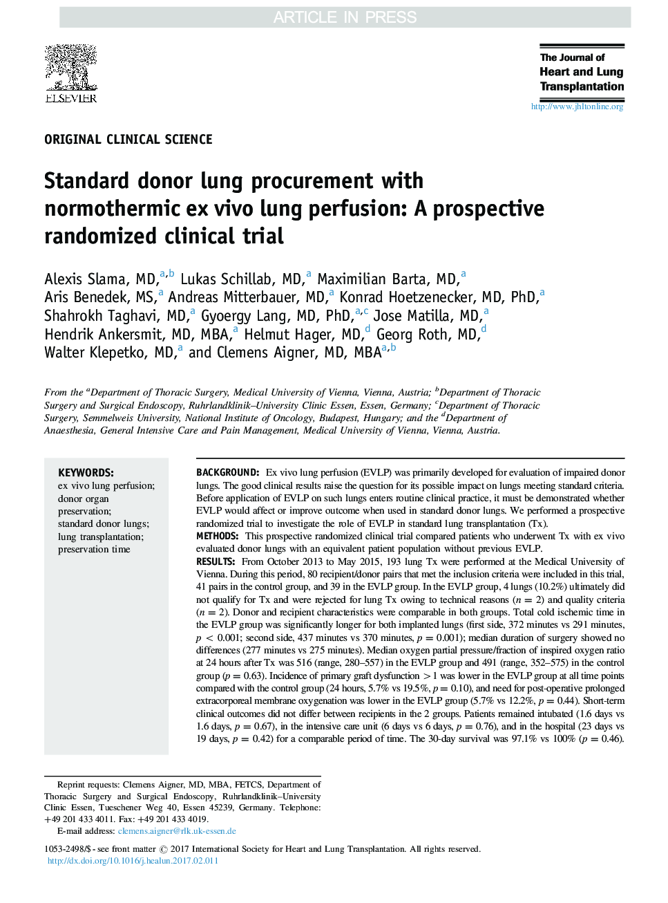 Standard donor lung procurement with normothermic ex vivo lung perfusion: A prospective randomized clinical trial