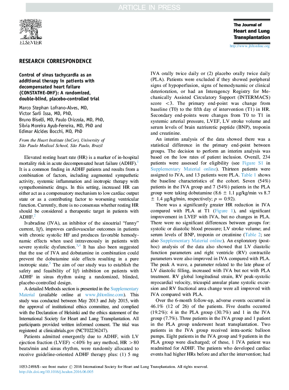 Control of sinus tachycardia as an additional therapy in patients with decompensated heart failure (CONSTATHE-DHF): A randomized, double-blind, placebo-controlled trial