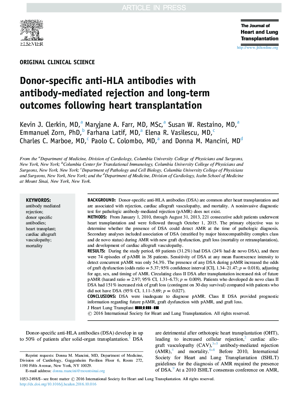 Donor-specific anti-HLA antibodies with antibody-mediated rejection and long-term outcomes following heart transplantation