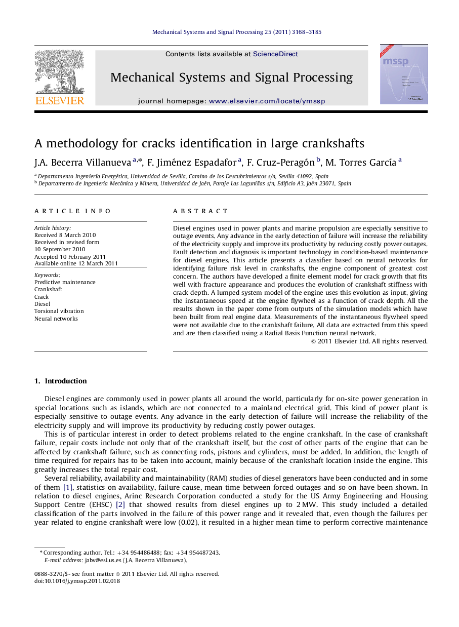 A methodology for cracks identification in large crankshafts