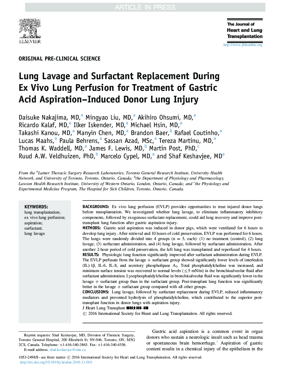 Lung Lavage and Surfactant Replacement During Ex Vivo Lung Perfusion for Treatment of Gastric Acid Aspiration-Induced Donor Lung Injury