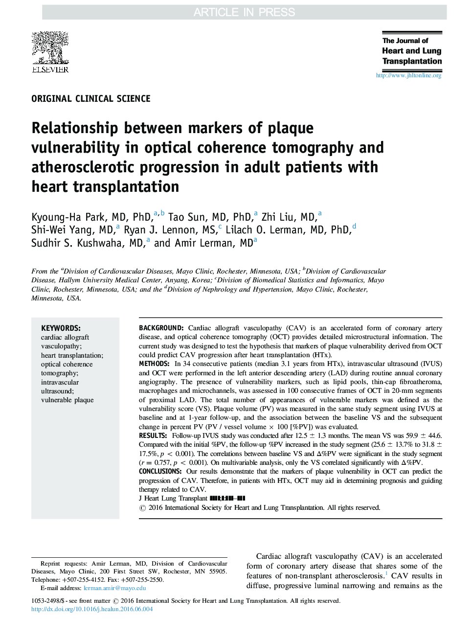 Relationship between markers of plaque vulnerability in optical coherence tomography and atherosclerotic progression in adult patients with heart transplantation