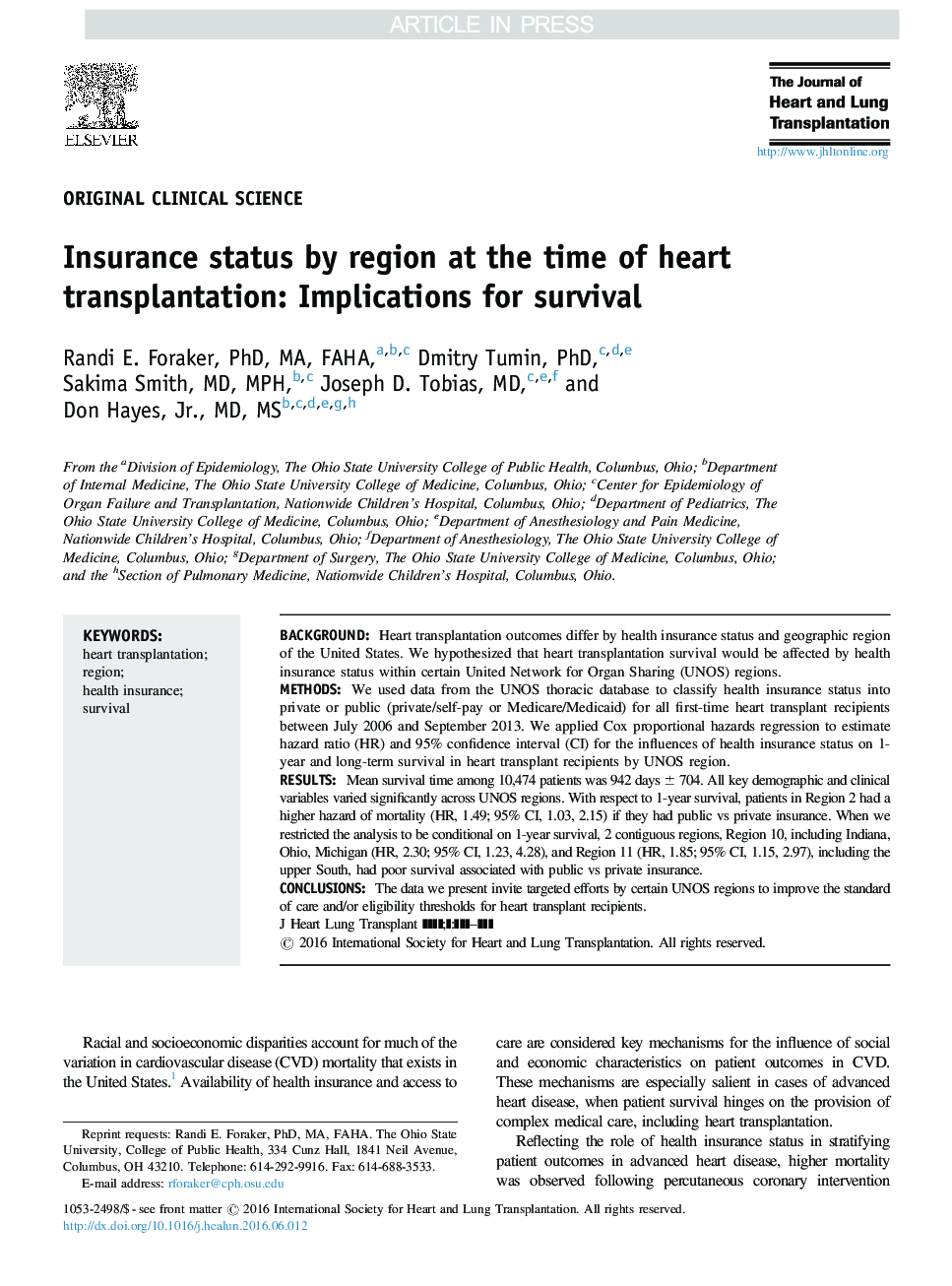 وضعیت بیمه در منطقه در زمان پیوند قلب: پیامدهای بقا 