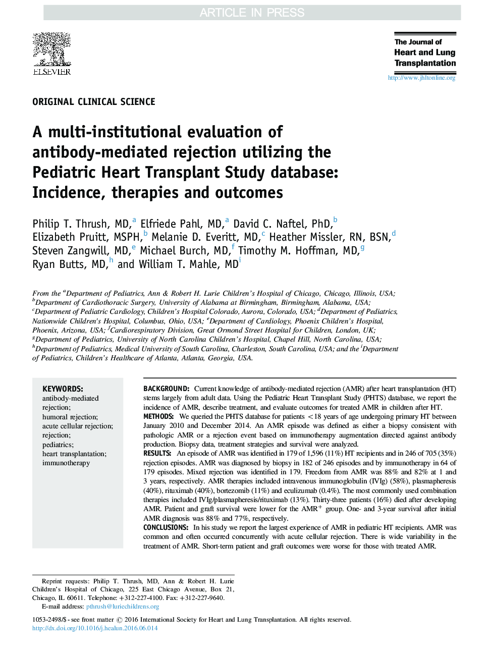 ارزیابی چندین موسسه از رد شدن توسط آنتی بادی با استفاده از پایگاه داده مطالعات پیوند قلب اطفال: بروز، درمان و نتایج 