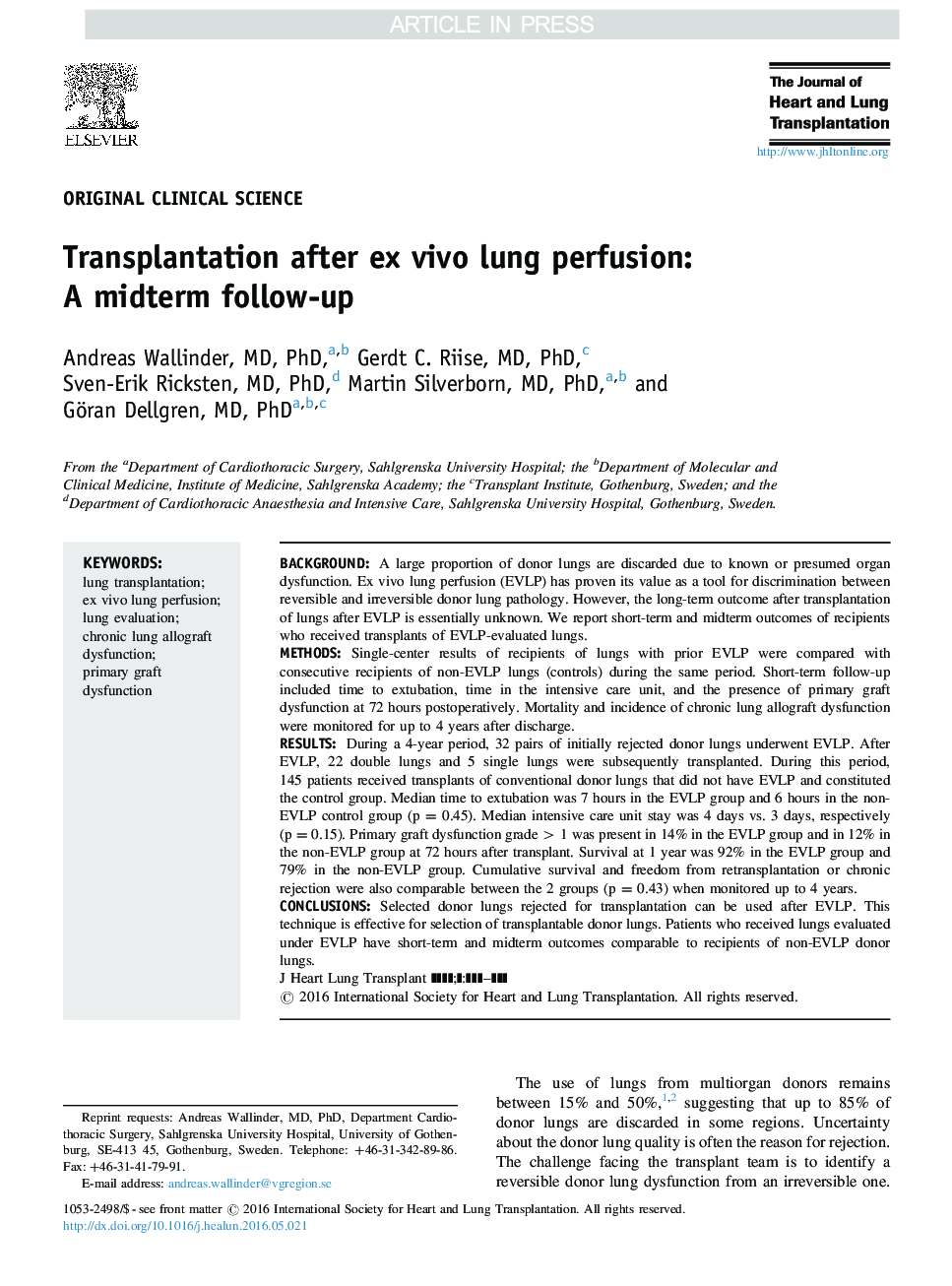 Transplantation after ex vivo lung perfusion: A midterm follow-up