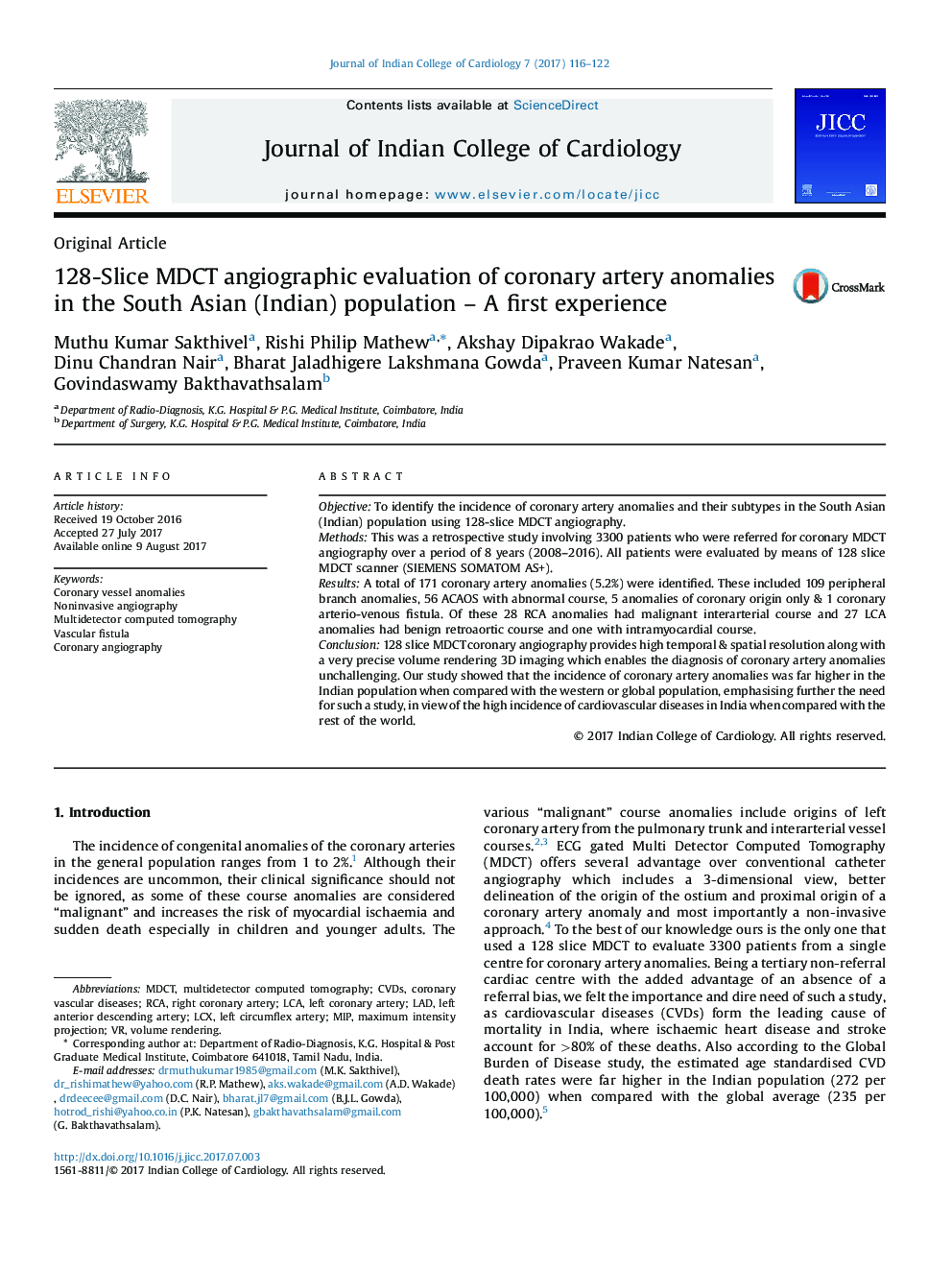 128-Slice MDCT angiographic evaluation of coronary artery anomalies in the South Asian (Indian) population - A first experience