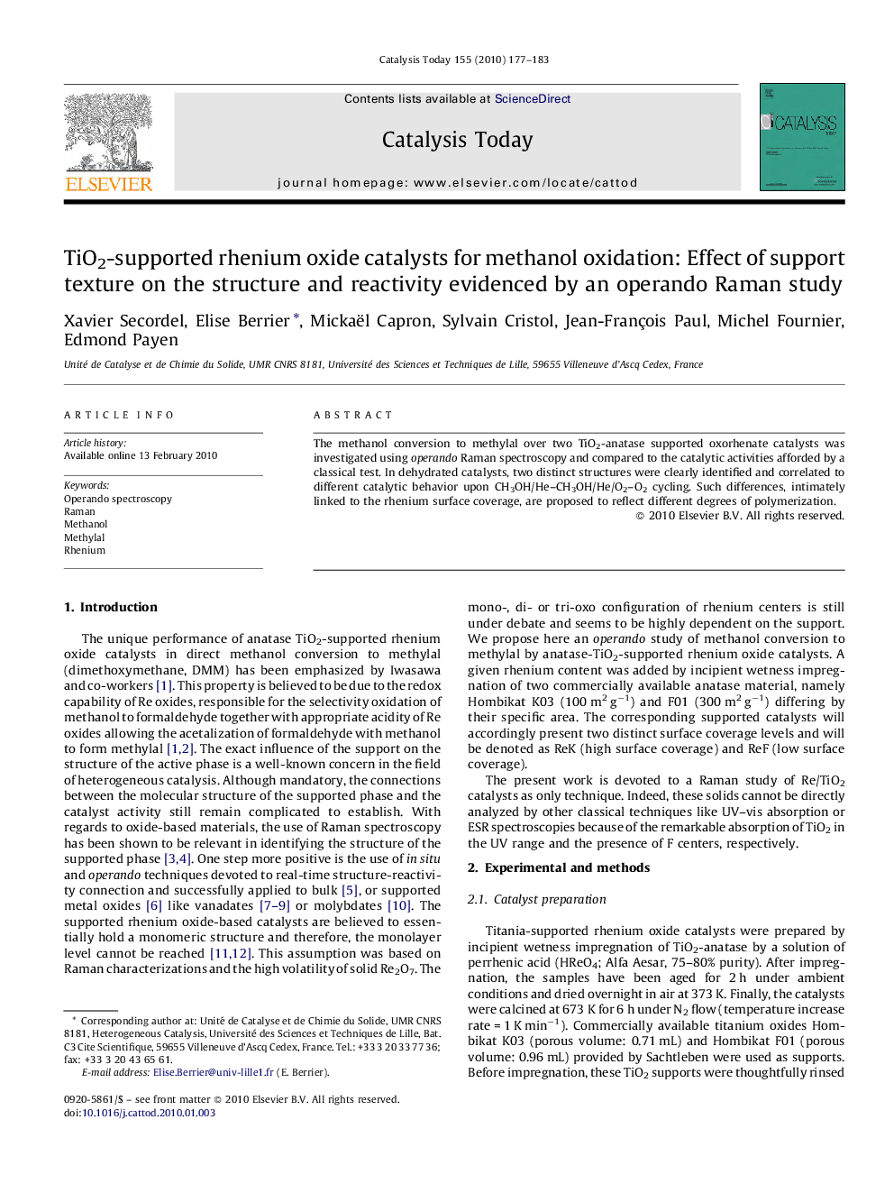 TiO2-supported rhenium oxide catalysts for methanol oxidation: Effect of support texture on the structure and reactivity evidenced by an operando Raman study