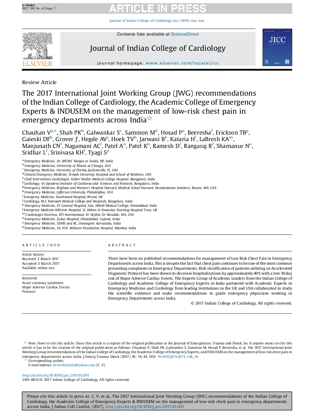 The 2017 International Joint Working Group (JWG) recommendations of the Indian College of Cardiology, the Academic College of Emergency Experts & INDUSEM on the management of low-risk chest pain in emergency departments across India