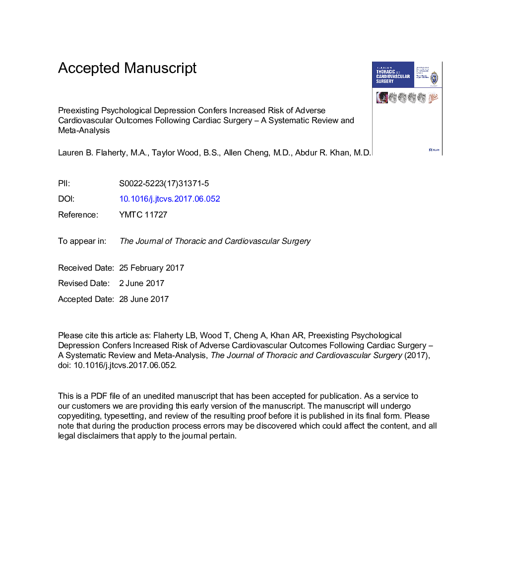 Pre-existing psychological depression confers increased risk of adverse cardiovascular outcomes following cardiac surgery: A systematic review and meta-analysis