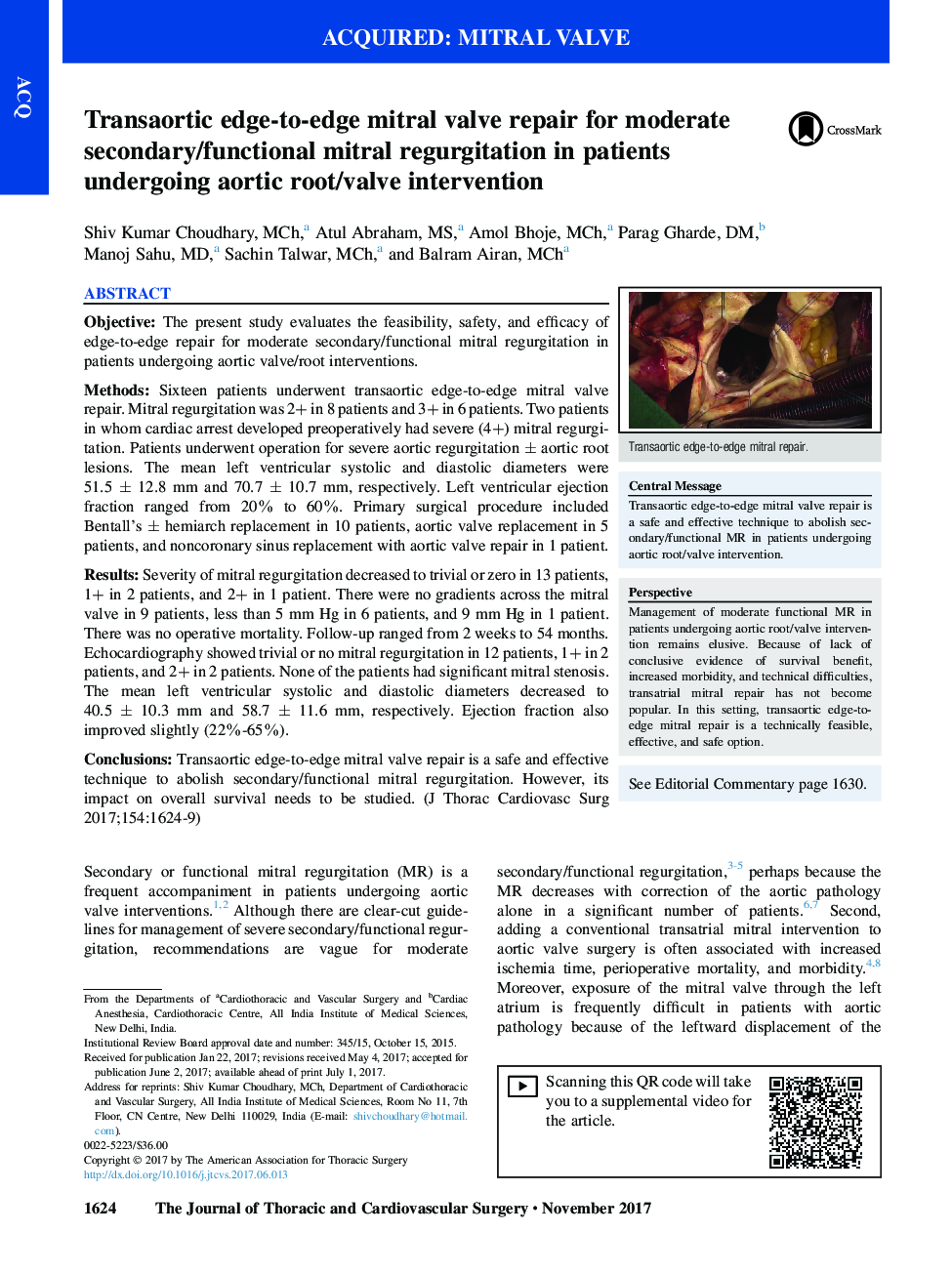 Transaortic edge-to-edge mitral valve repair for moderate secondary/functional mitral regurgitation in patients undergoing aortic root/valve intervention