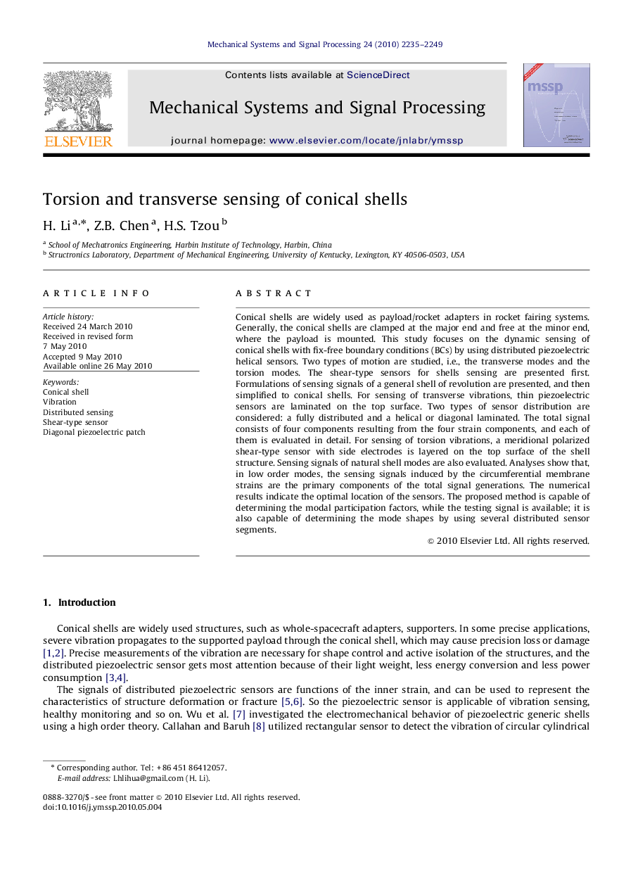 Torsion and transverse sensing of conical shells