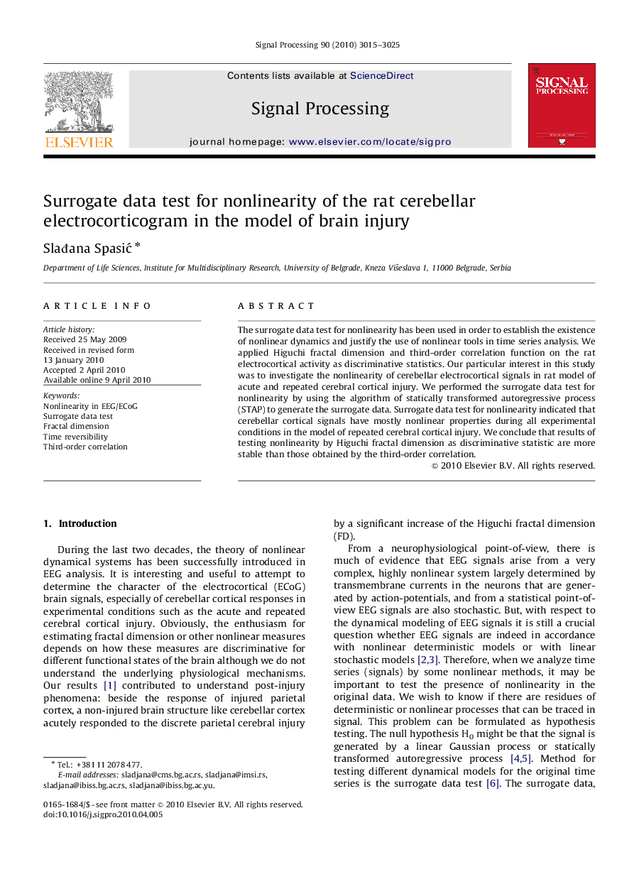 Surrogate data test for nonlinearity of the rat cerebellar electrocorticogram in the model of brain injury