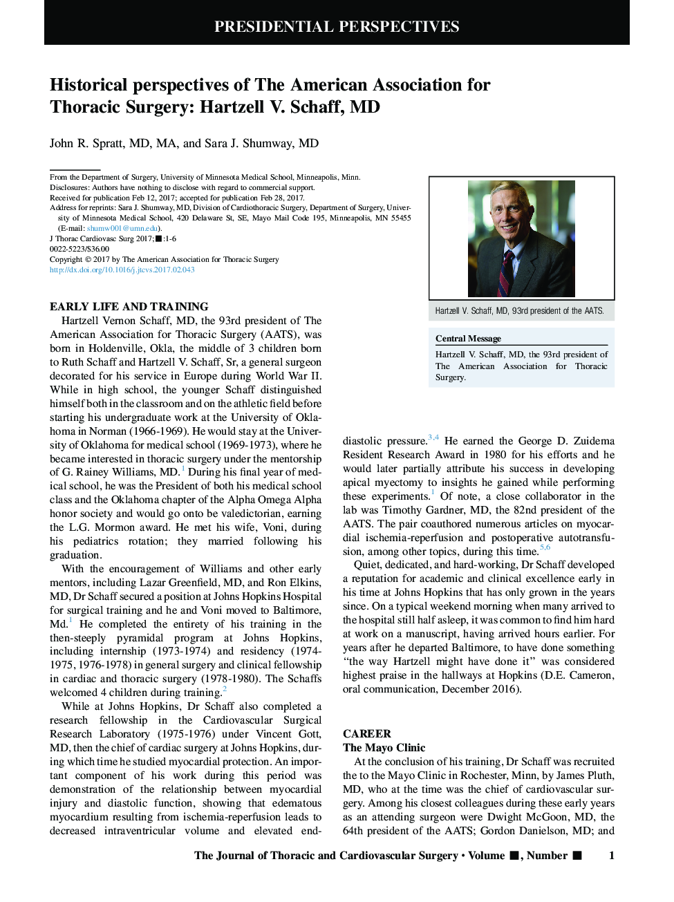 Historical perspectives of The American Association for Thoracic Surgery: Hartzell V. Schaff, MD