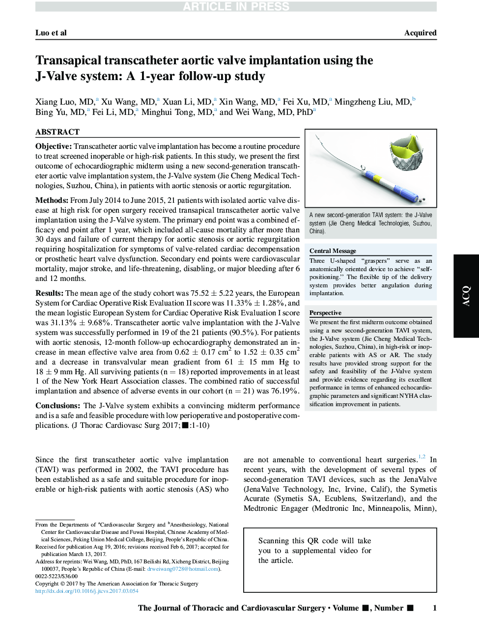 Transapical transcatheter aortic valve implantation using the J-Valve system: A 1-year follow-up study