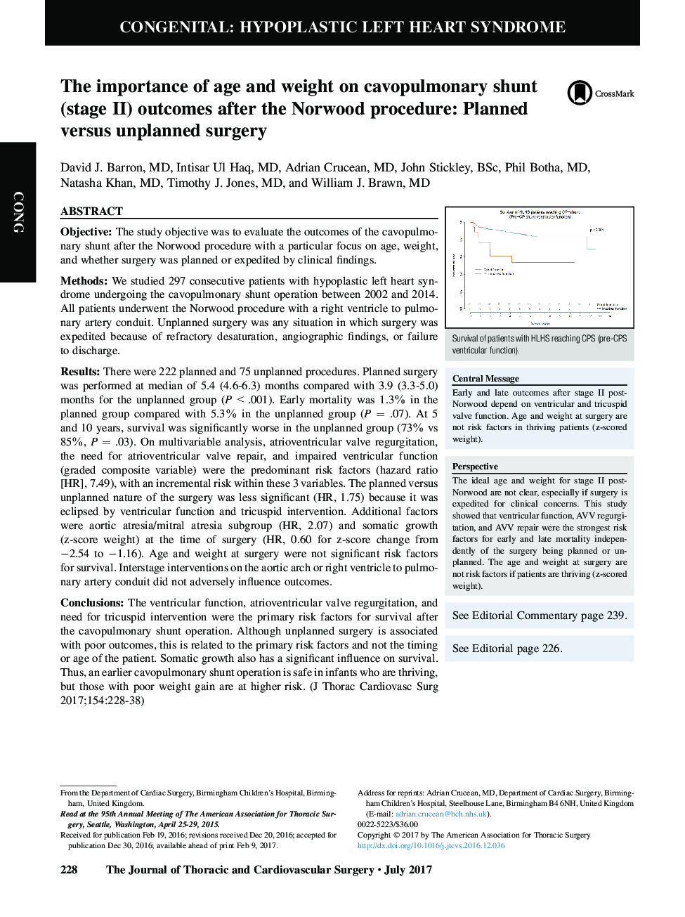 The importance of age and weight on cavopulmonary shunt (stage II) outcomes after the Norwood procedure: Planned versus unplanned surgery