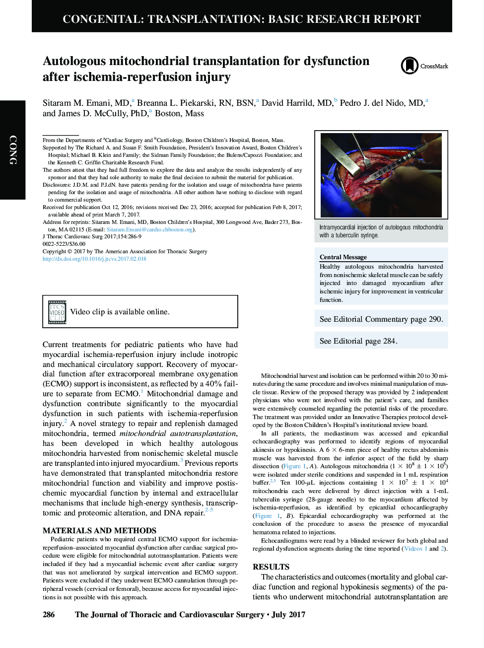Autologous mitochondrial transplantation for dysfunction after ischemia-reperfusion injury