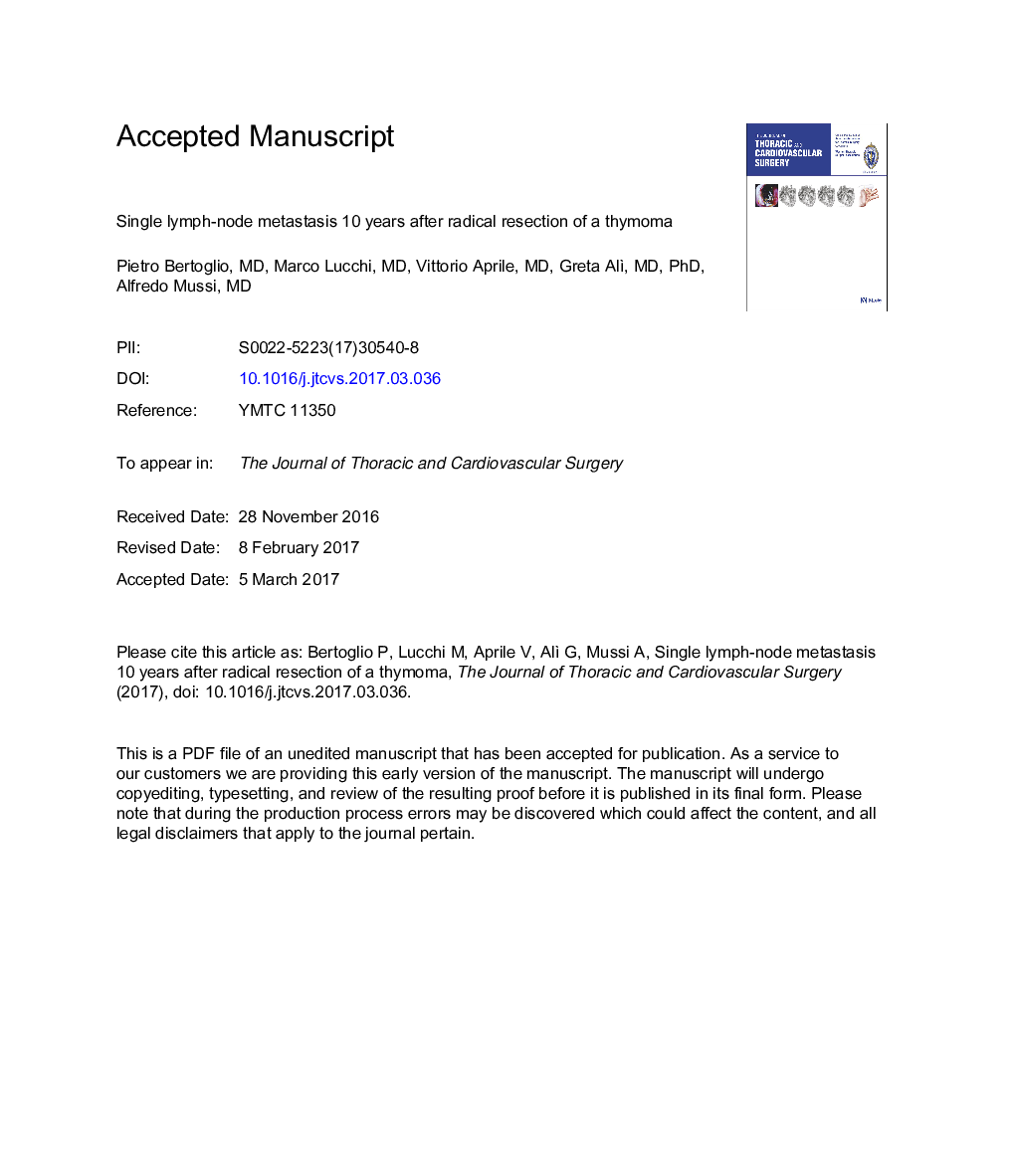 Single lymph node metastasis 10Â years after radical resection of a thymoma