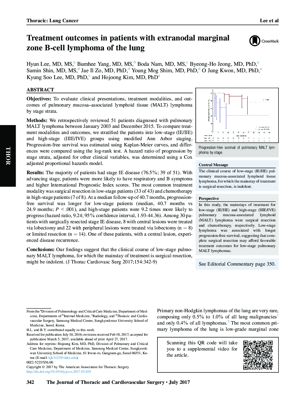 Treatment outcomes in patients with extranodal marginal zone B-cell lymphoma of the lung