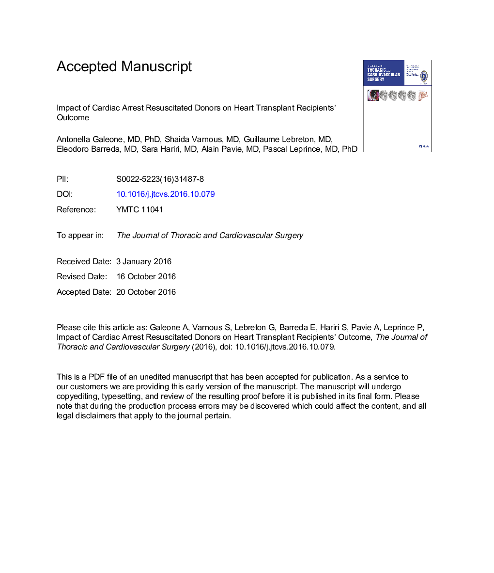 Impact of cardiac arrest resuscitated donors on heart transplant recipients' outcome