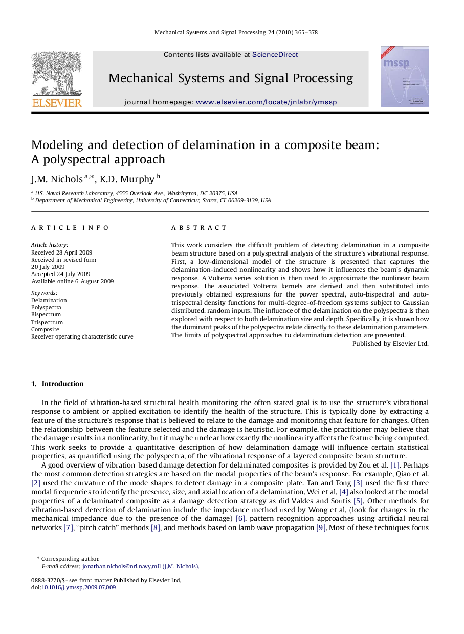 Modeling and detection of delamination in a composite beam: A polyspectral approach