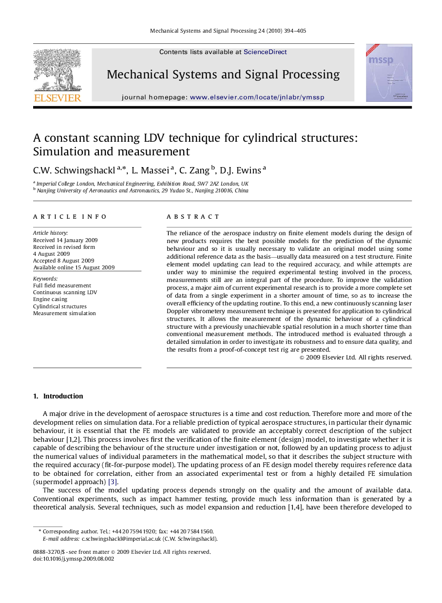 A constant scanning LDV technique for cylindrical structures: Simulation and measurement