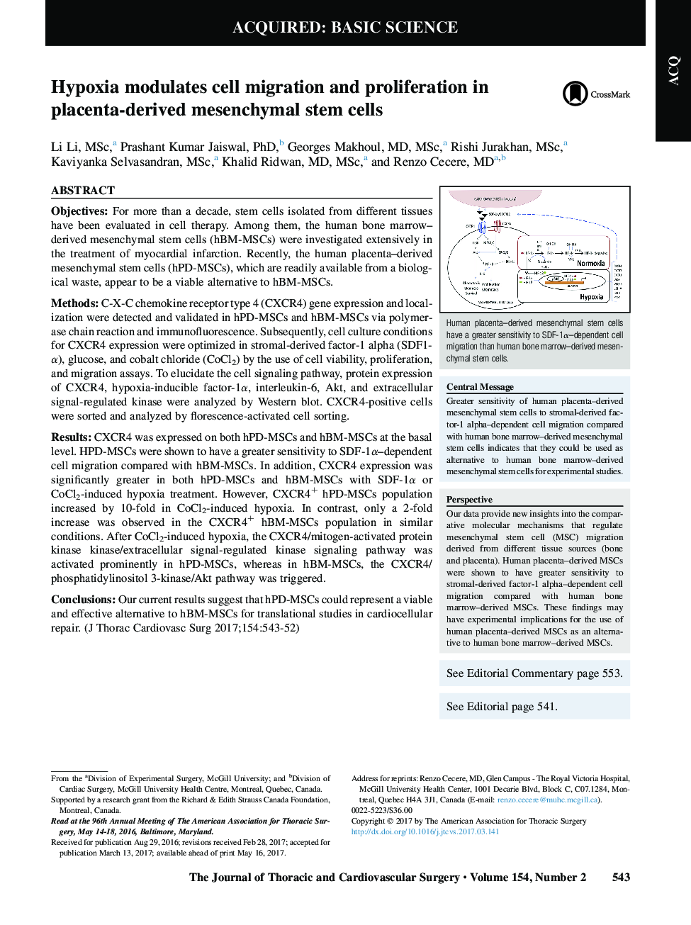 Hypoxia modulates cell migration and proliferation in placenta-derived mesenchymal stem cells