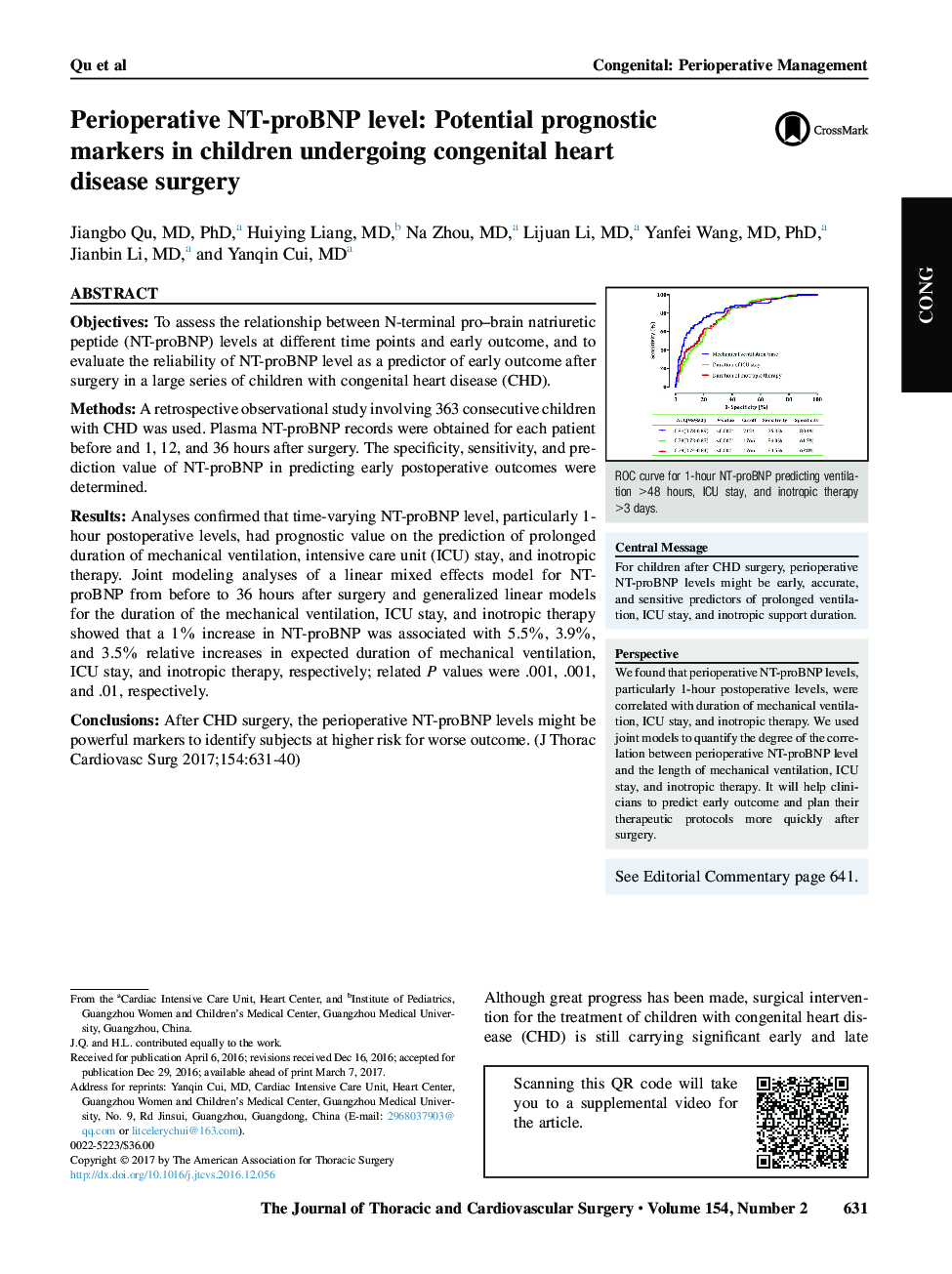 Perioperative NT-proBNP level: Potential prognostic markers in children undergoing congenital heart disease surgery