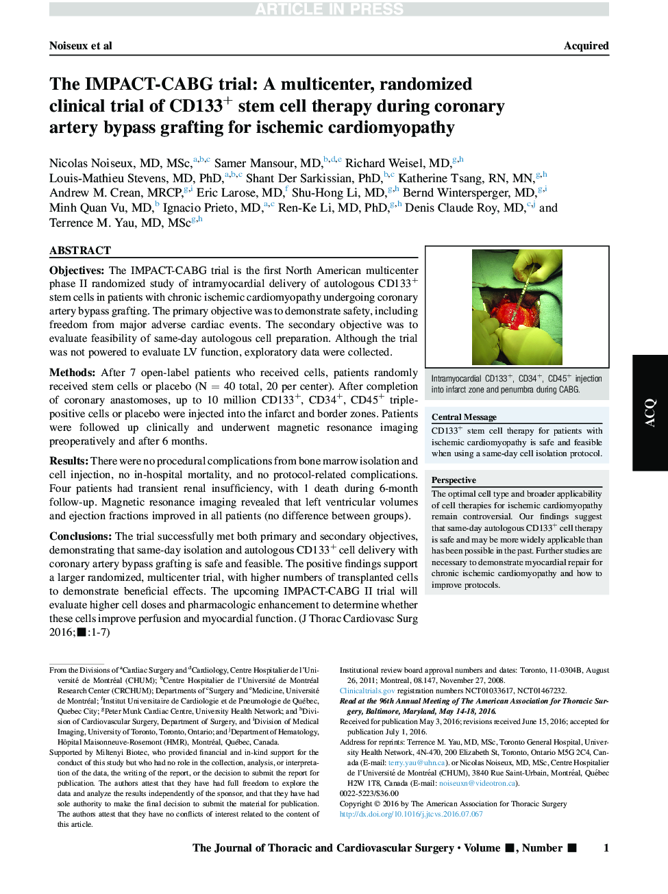 The IMPACT-CABG trial: A multicenter, randomized clinical trial of CD133+ stem cell therapy during coronary artery bypass grafting for ischemic cardiomyopathy