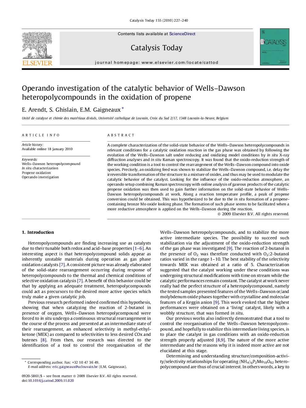 عکس صفحه اول مقاله: Operando investigation of the catalytic behavior of Wells–Dawson heteropolycompounds in the oxidation of propene Operando investigation of the catalytic behavior of Wells–Dawson heteropolycompounds in the oxidation of propene