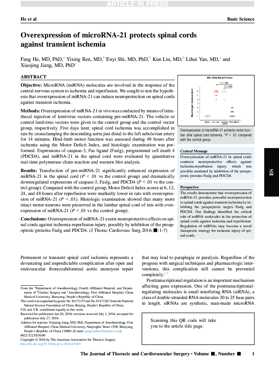 Overexpression of microRNA-21 protects spinal cords against transient ischemia